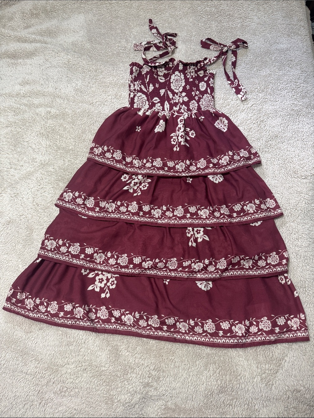 Francesca's Collections Burgundy Floral Tiered Midi Dress